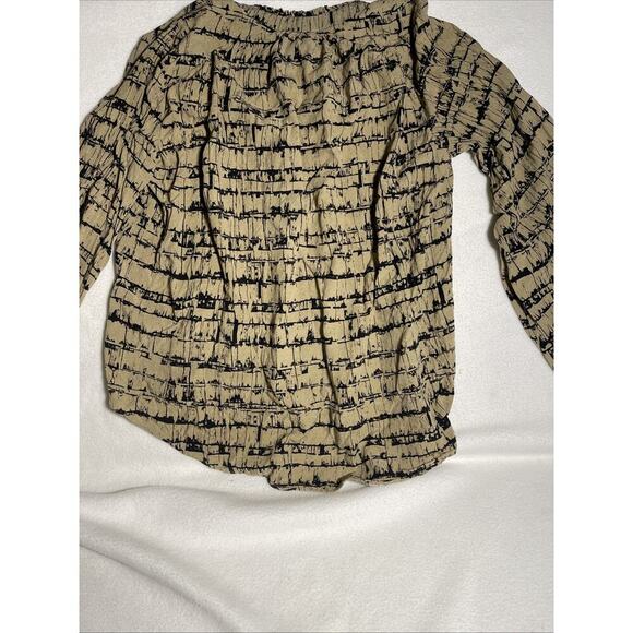 Maeve Anthropologie Tan Black Printed Popover Blouse Top Size Small Split Neck - Picture 4 of 7